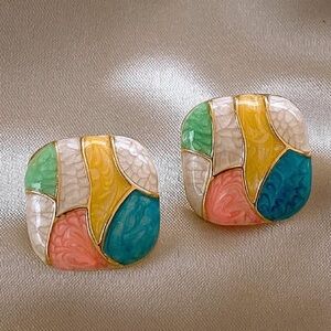 Color Block Enamel Stud Earrings NEW